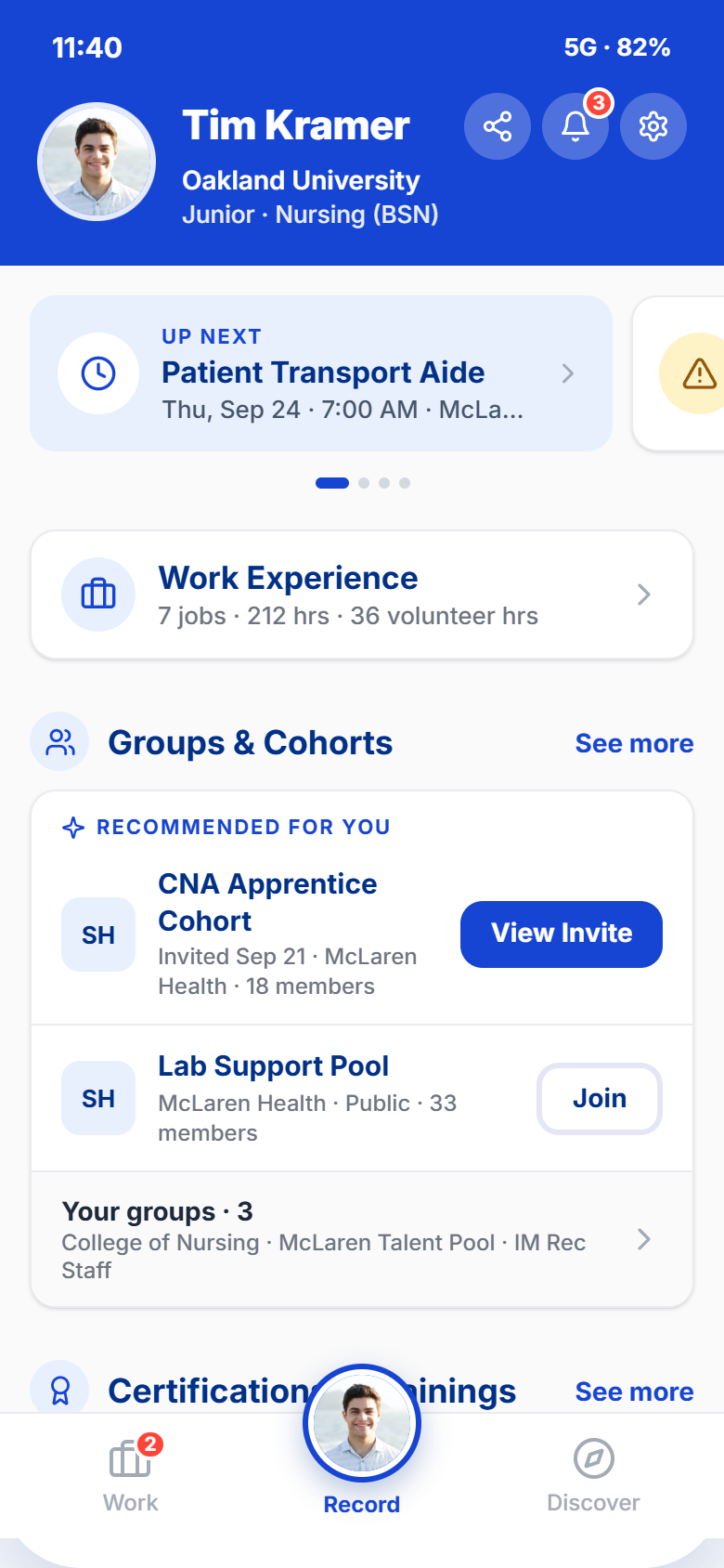 Student record home screen